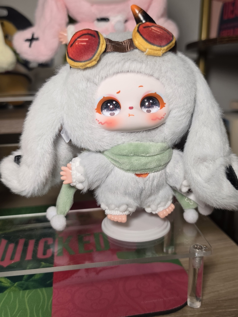 Plush Bunny Doll with Grey Fur and Green Scarf